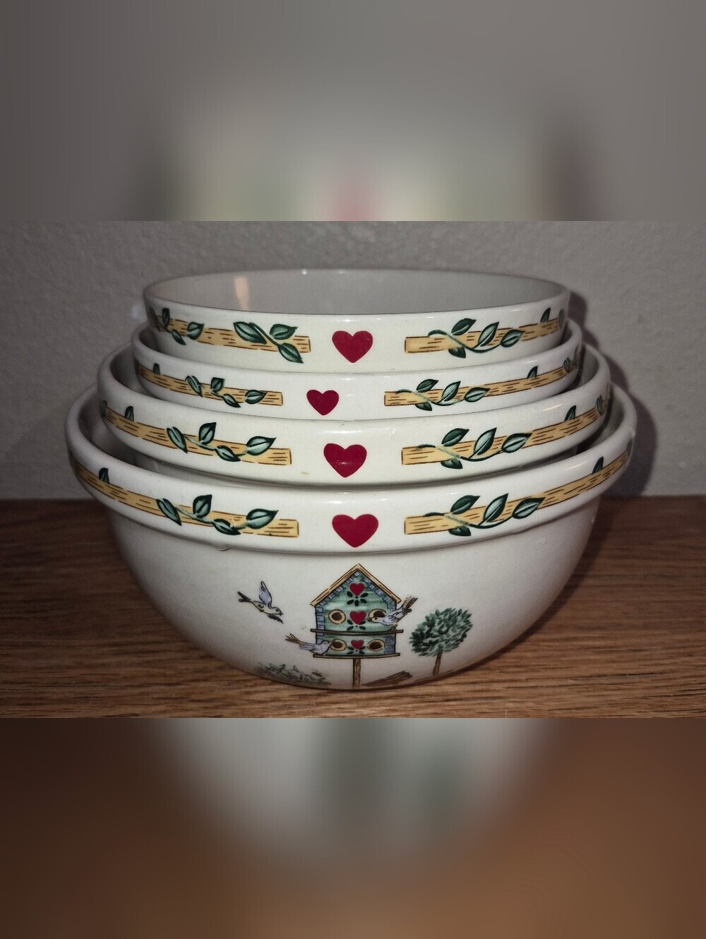 4 Thompson Pottery Birdhouse Nesting Mixing Bowl Set Cottage Garden Design